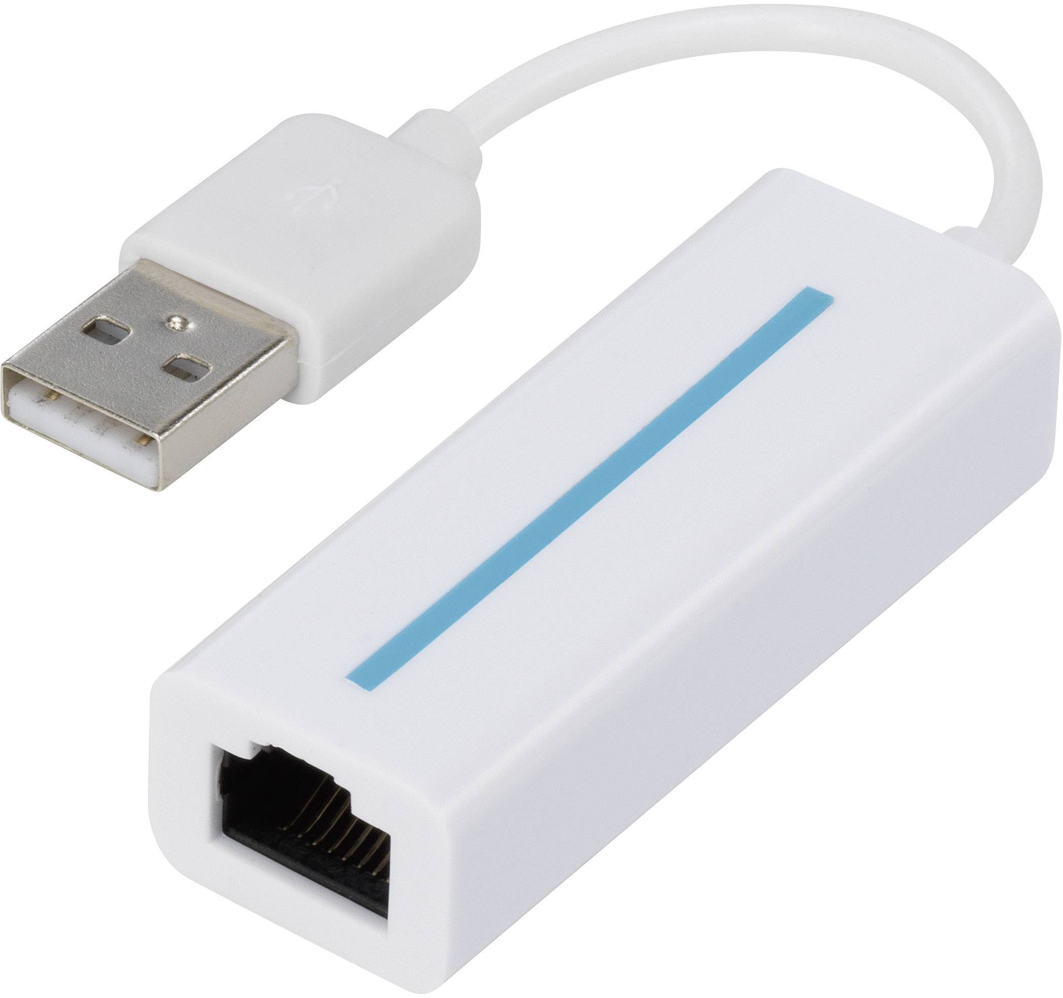 En USB-till-Ethernet-adapter, vit, med en USB-kontakt och en Ethernet-port, för att ansluta USB-enheter till ett nätverkskabel.