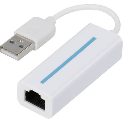 En USB-till-Ethernet-adapter, vit, med en USB-kontakt och en Ethernet-port, för att ansluta USB-enheter till ett nätverkskabel.