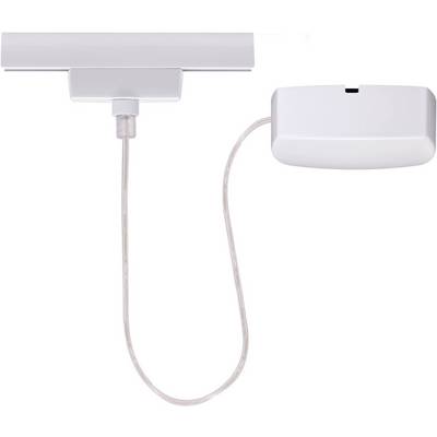 Ett vitt belysningssystem med ett rektangulärt hölje och en fastsatt, genomskinlig kabel som löper nedåt till höger.