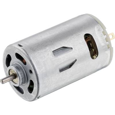 Metallisk elmotor med cylindriskt hölje och synlig axelstump. Lämplig för små maskiner eller modellbygge.