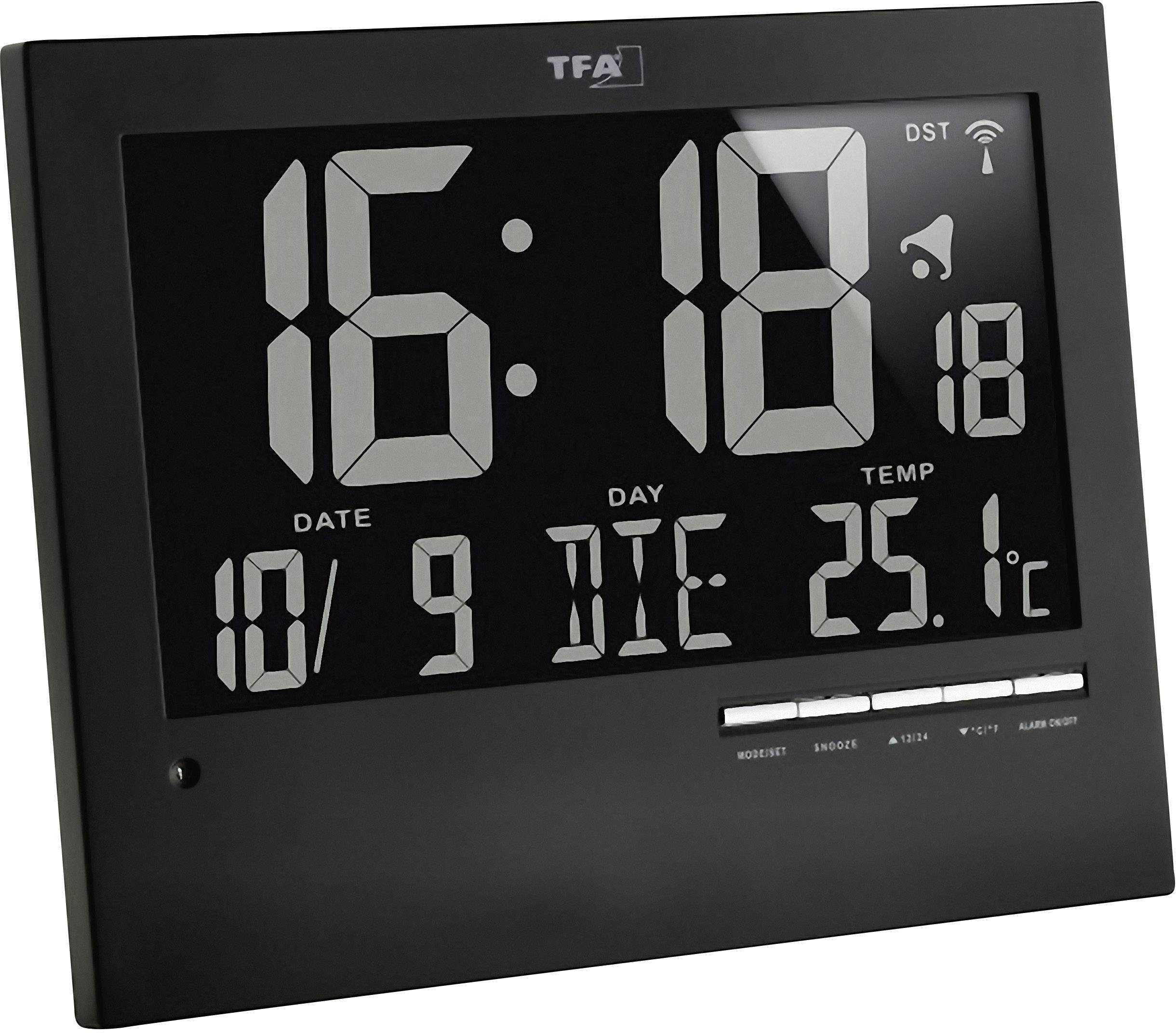 Digital väggklocka visar '16:18', datum '10/9', veckodag 'TIS', temperatur '25,1°C', med symboler för alarm och sommartid.