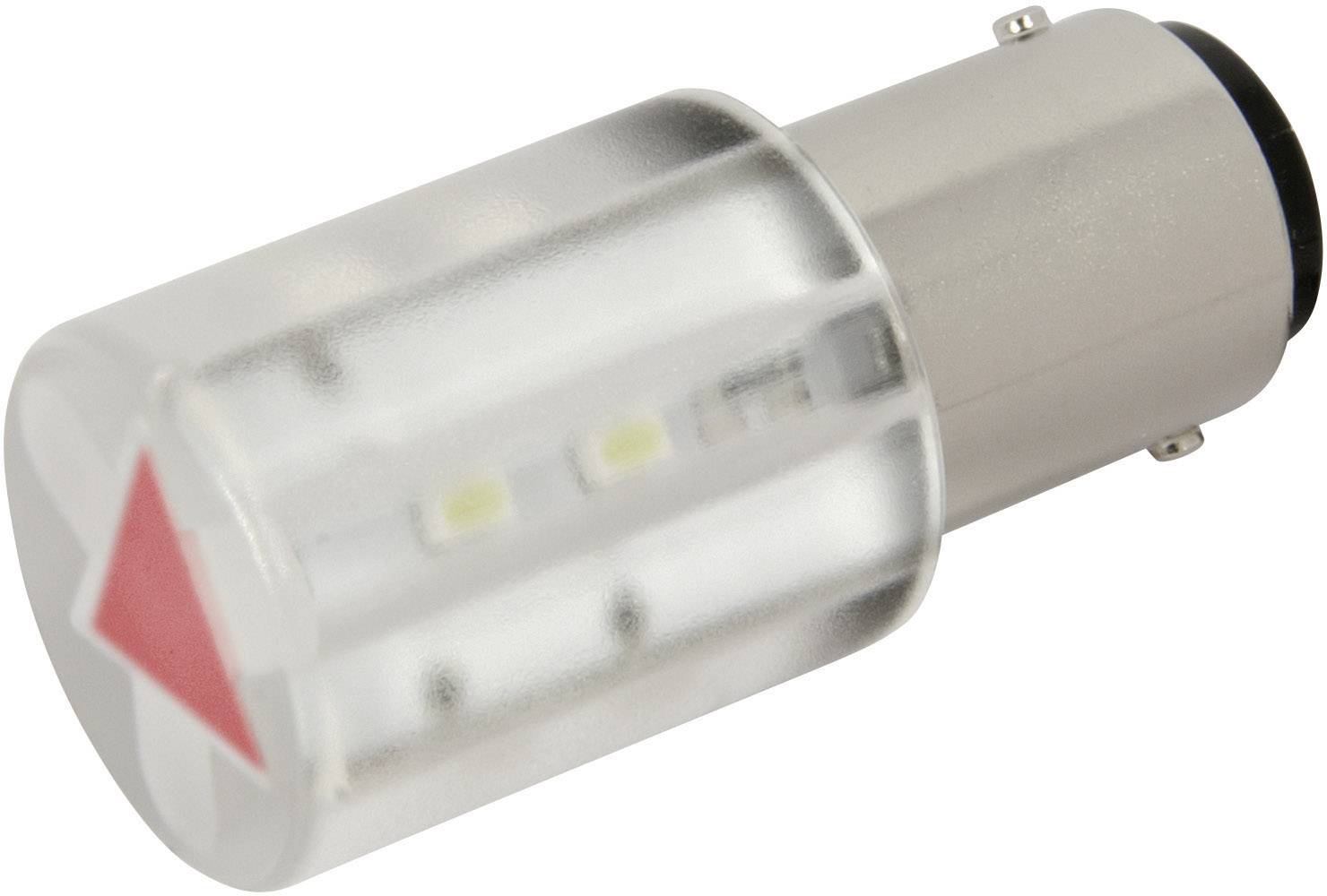 En klar glödlampa med metallbas och en röd pil på sidan, visar insättnings- och riktningsförloppet för lampan.