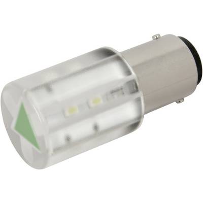 Vit LED-lampa med bajonettfattning och grön pil på toppen, lämplig för signalering eller som ljusindikator.
