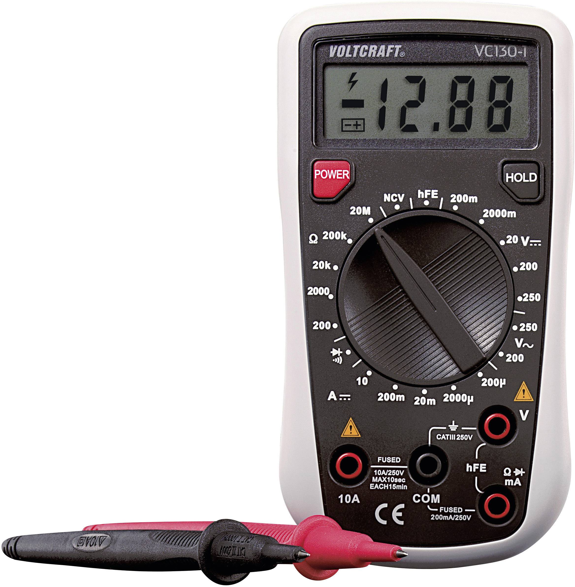 Digitalt multimeter med display som visar '12.88', vridbar omkopplare för olika mätinställningar och två mätsladdar i rött och svart.