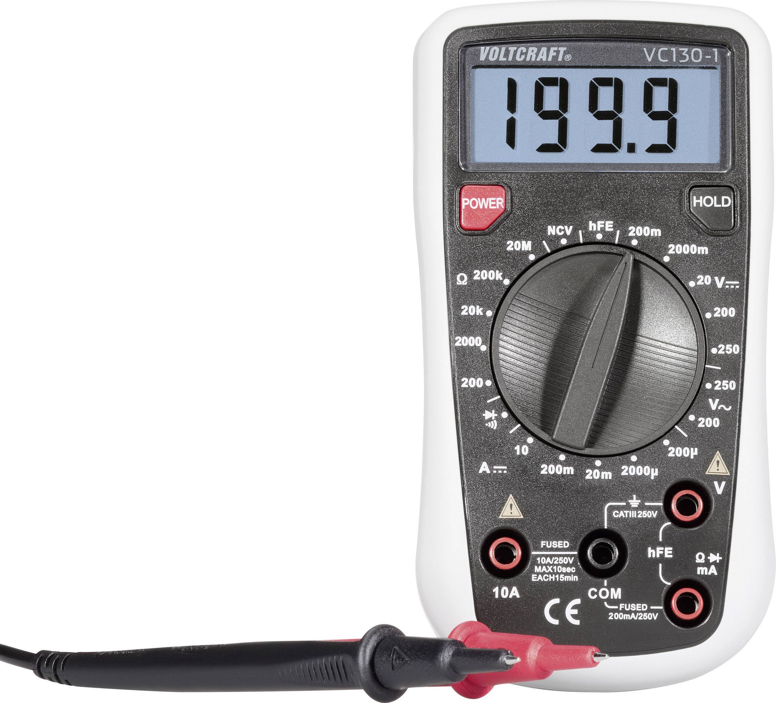 En digital multimeter, modell 'Voltcraft VC130', visar 199,9. Två mätkablar är anslutna i respektive ingångar.