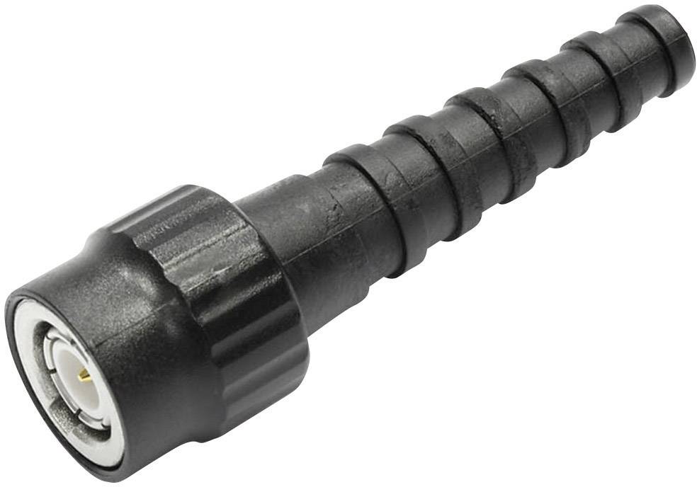 Svart RG213-BNC-kompressionskontakt, för koaxialkabel, cylindrisk form, räfflat grepp, silverfärgat anslutningsände.