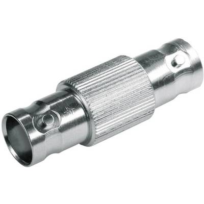 Metallisk BNC-adapter, hane till hona, för anslutning av koaxialkablar i audio- eller videotillämpningar.