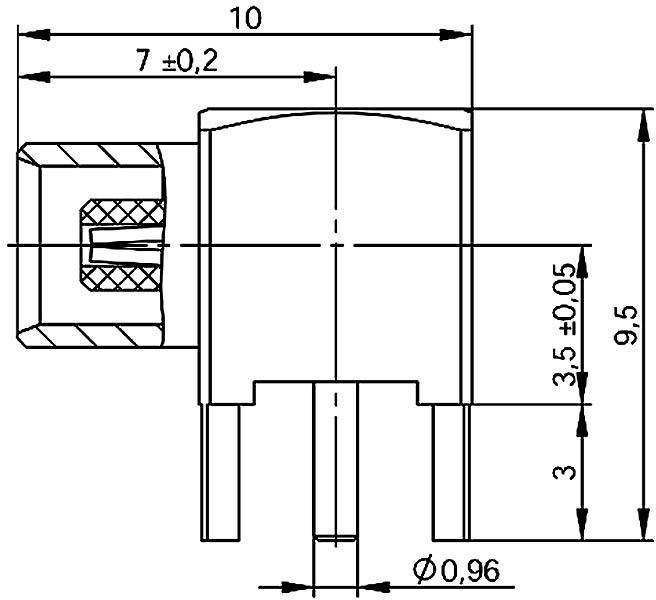 Teknisk ritning av en kontakt med mått: Längd 10 mm, bredd 9,5 mm, höjd 3 mm, håldiameter 0,96 mm.