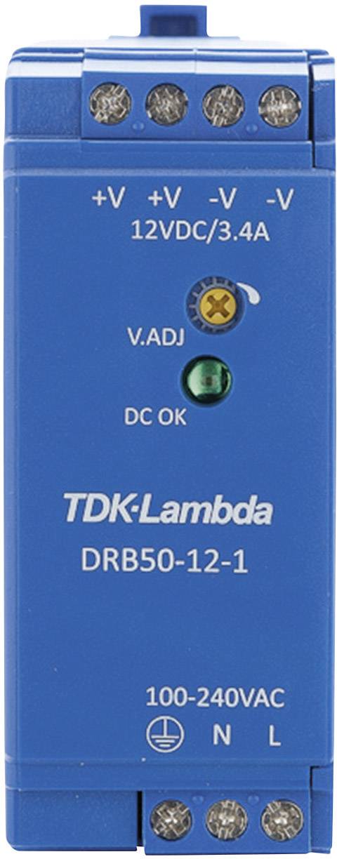 En blå elektronisk enhet från TDK-Lambda, modell DRB50-12-1. Visar ingångs- och utgångsanslutningar samt statuslampor.