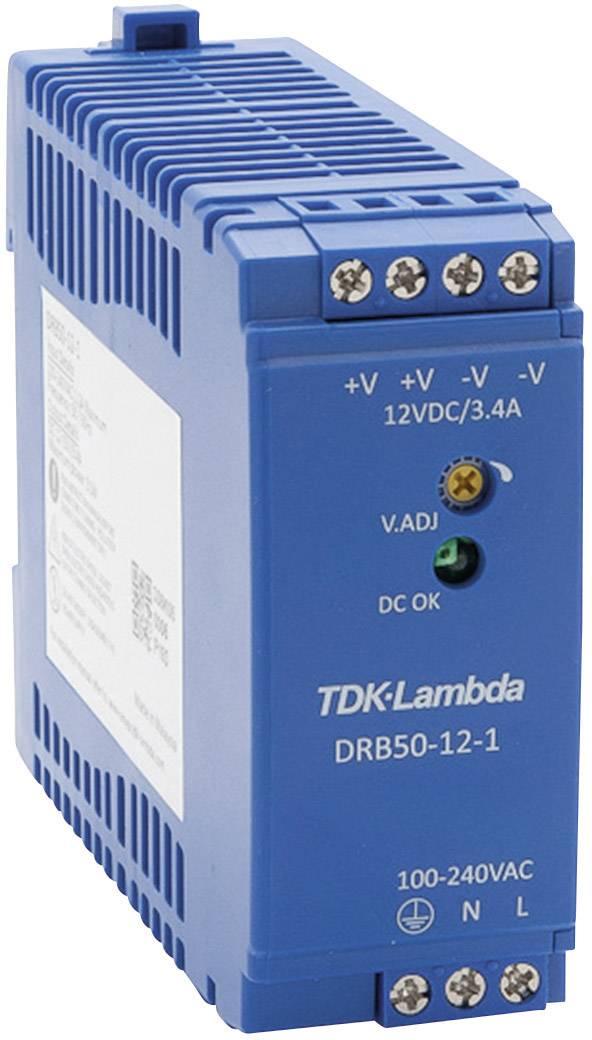 Blått TDK-Lambda DRB50-12-1 nätaggregat med skruvklämmor och statuslampa. Inspänning: 100-240VAC; Utgång: 12VDC/3,4A.