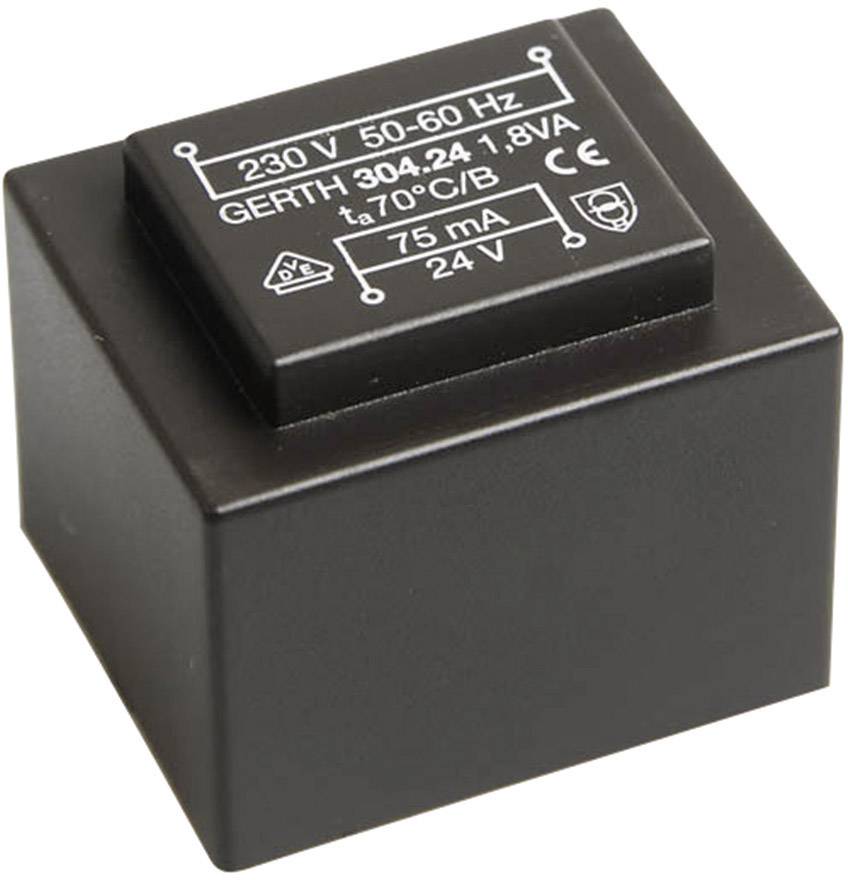 Svart transformator med specifikationer: '230 V', '50-60 Hz', '24 V', '75 mA', 'GERTH 304.24', '1.8 VA', 't=70°C/B'.