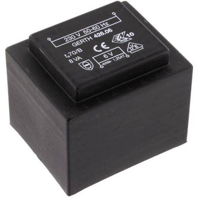 En svart elektrisk transformator märkt '230 V, 50-60 Hz, 8 VA'.