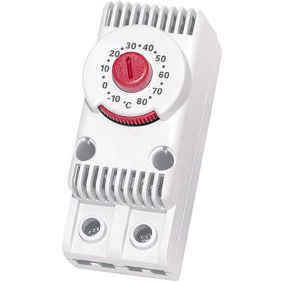 Vit temperaturregulator med röd vridknapp, visar -10 till 80 grader Celsius, lämplig för inställning och övervakning av temperaturer.