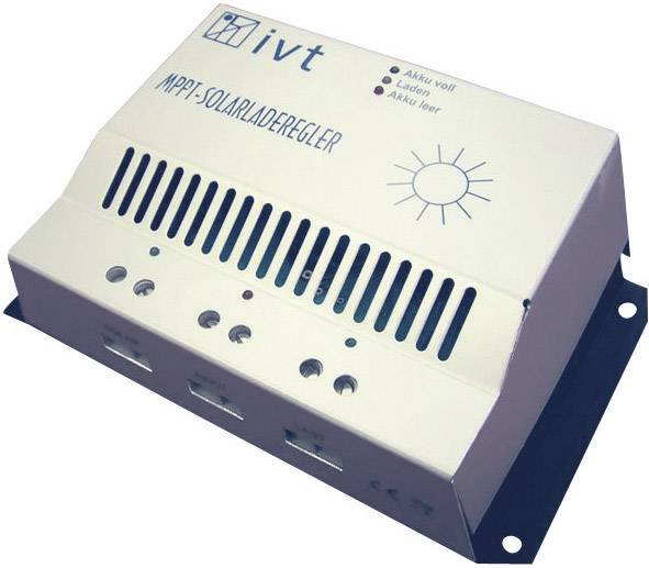 MPPT-solarladdregulator med varumärkeslogotyp på ovansidan, visar LED-statusindikationer för fullt batteri, laddning och tomt batteri.