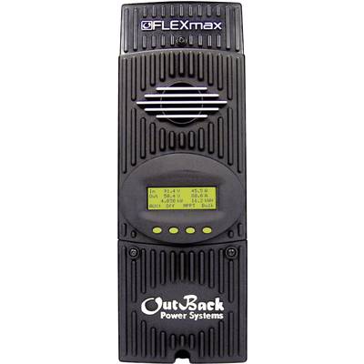 Laddare märkt med 'OutBack Power Systems'. Visar på displayen ingång 21,4V, 45,5A och utgång 28,8V, 10,1A, Bulk-läge.