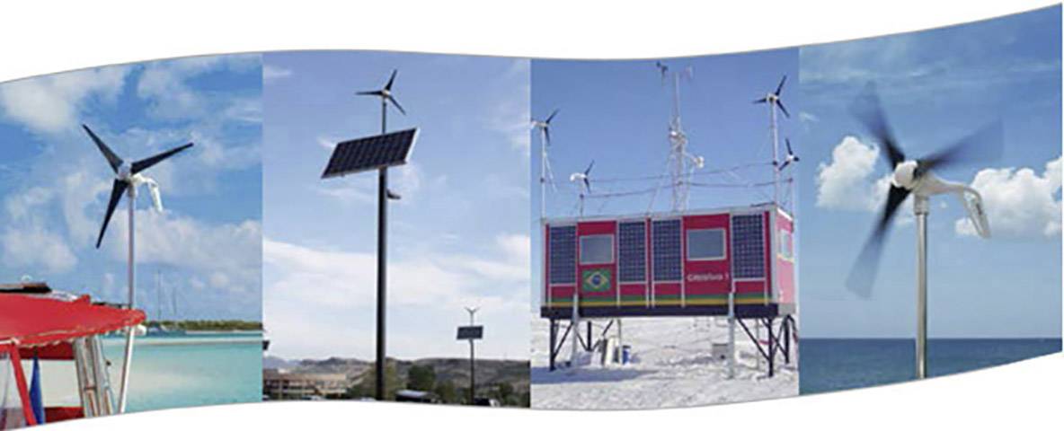 Förnybara energikällor: Små vindturbiner och solpaneler i olika landskap, inklusive kust och öken.