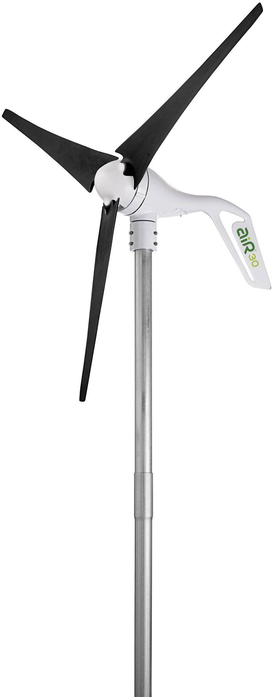 Liten vindturbin med tre vingar på en mast, märkt 'Air 30', för produktion av förnybar energi.