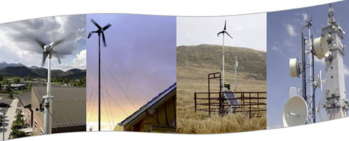 Fyra bilder bredvid varandra visar olika vindturbiner: på tak, i det fria och på master med ytterligare antennteknik.