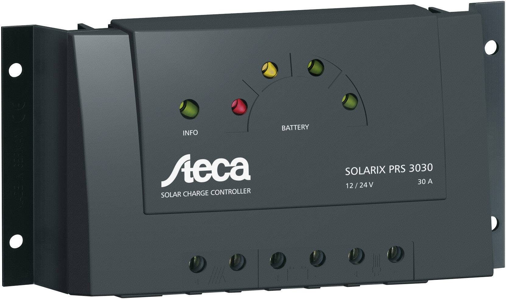 Solcellsladdregulator för solsystem, modell 'Solarix PRS 3030' från Steca, visar kapacitet och status via LED-indikatorer.