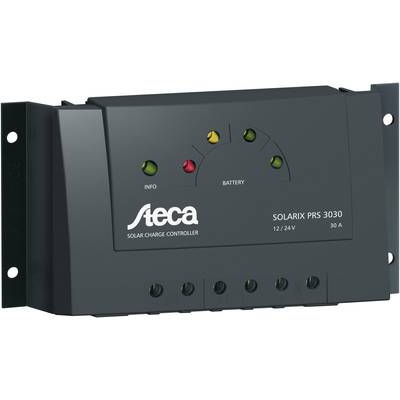 Solcellsladdregulator för solsystem, modell 'Solarix PRS 3030' från Steca, visar kapacitet och status via LED-indikatorer.