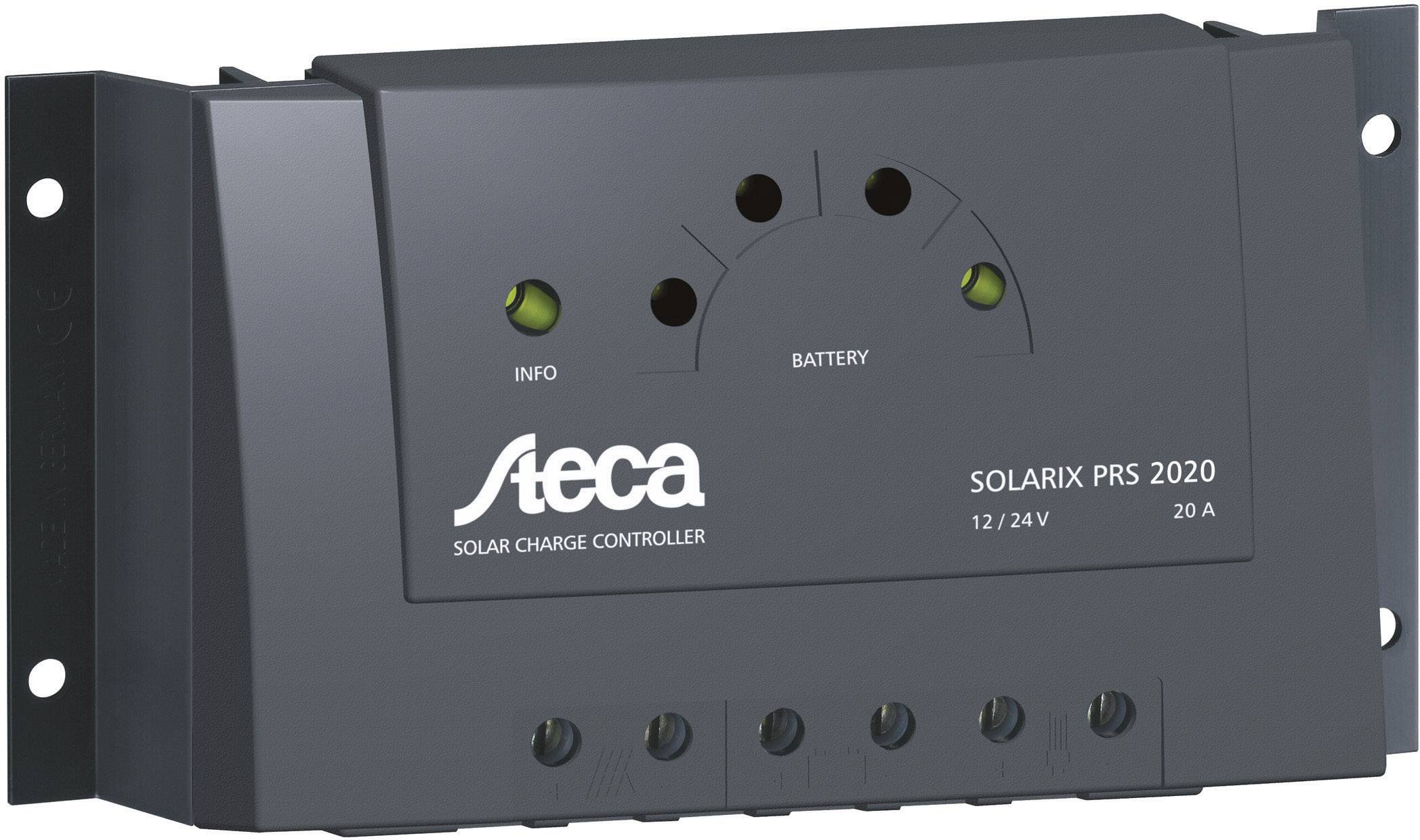 Solcellsladdregulator 'Steca Solarix PRS 2020' med 12/24V och 20A. Display för information och batteri. Rektangulär, svart enhet.