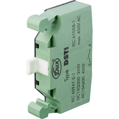 Grönt elektriskt komponentskomponent märkt 'IEC 60947-5-1, DCI3Q300 250V, ACI5A600 400V'.
