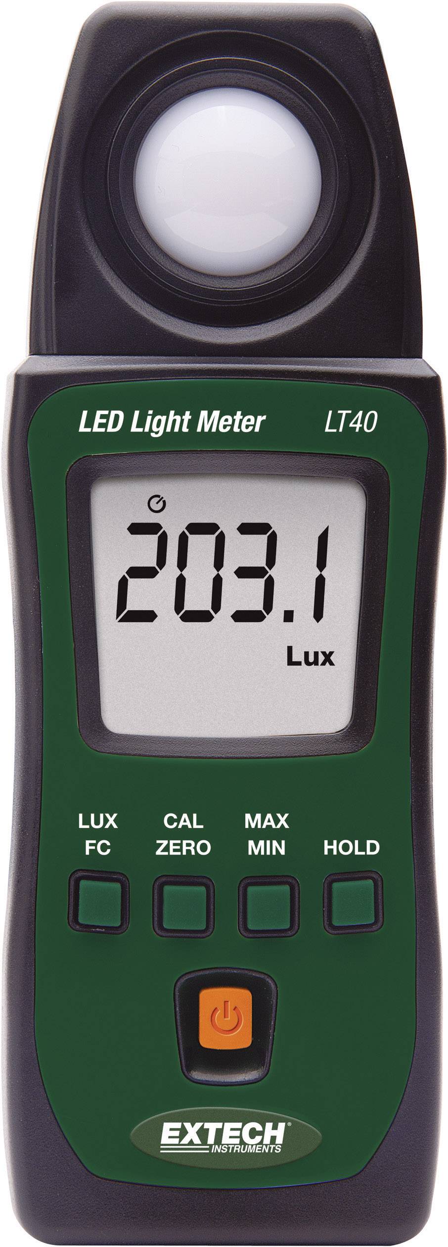 Ett digitalt luxmeter med visning '203,1 Lux'. Det mäter ljusstyrkan hos LED-ljuskällor. På höljet står 'Extech' och 'LT40'.