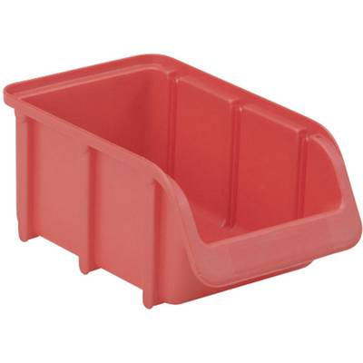 Röd plastförvaringslåda med öppna sidor för enkel åtkomst, lämplig för organisering av mindre föremål.