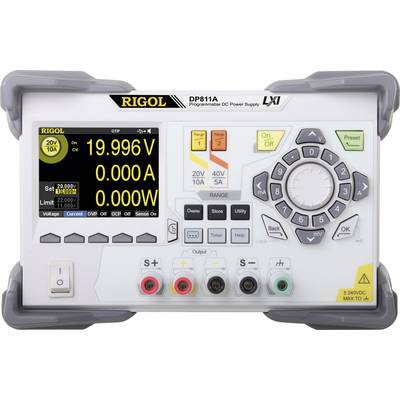 Elektroniskt mätinstrument med digitalt display visar '19,996 V', '0,000 A' och '0,000 W'. Innehåller manöverdon och anslutningsklämmor.