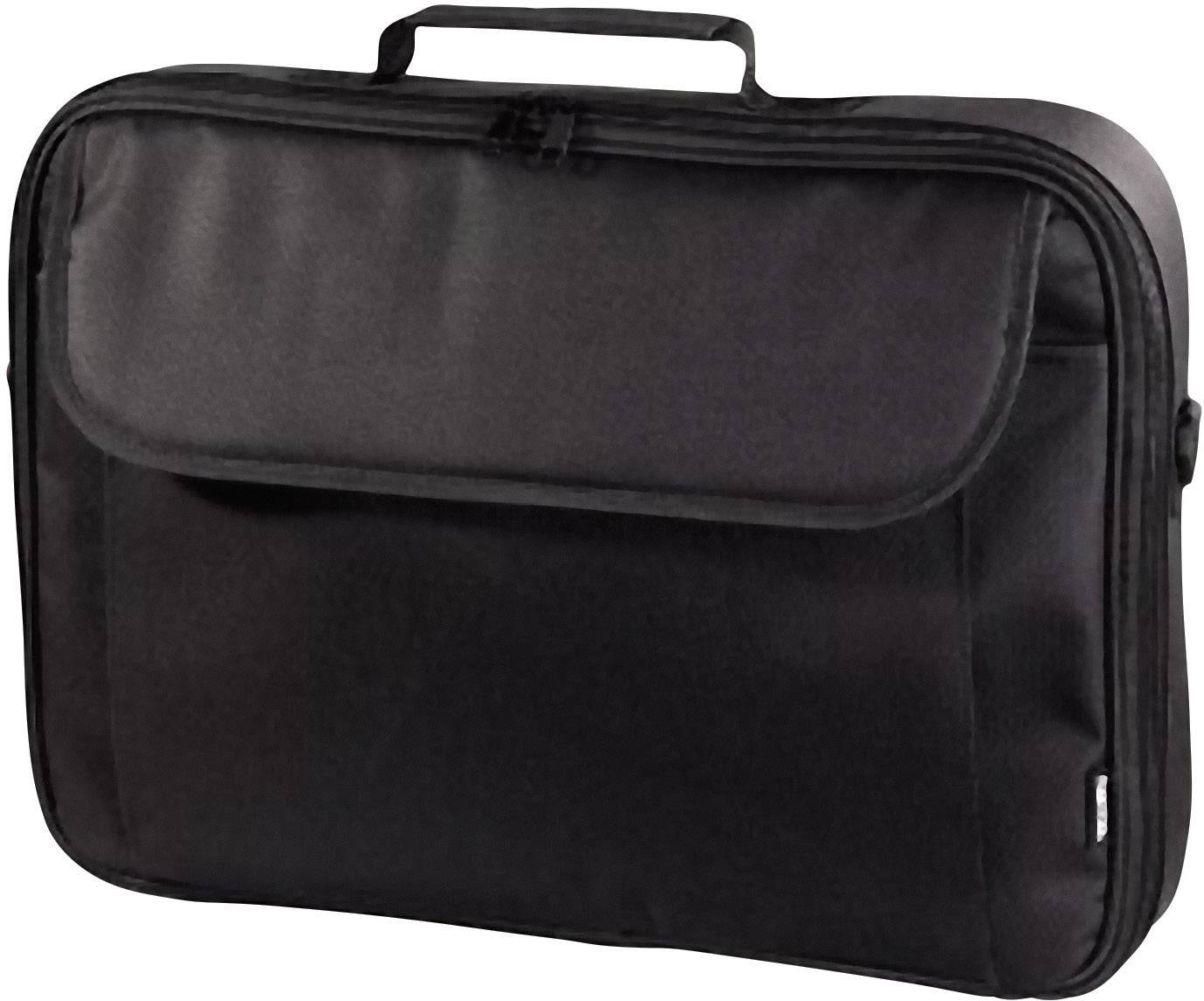Svart laptopväska med bärhandtag, rektangulär form och en stängbar frontficka, perfekt för säker transport av en bärbar dator.