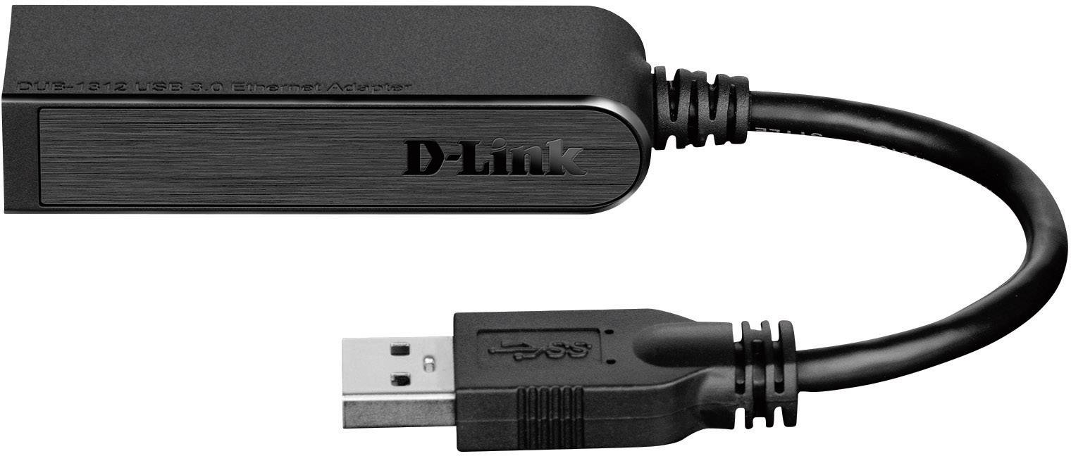 En USB-kabel ansluten till en svart, rektangulär adapter från märket D-Link.