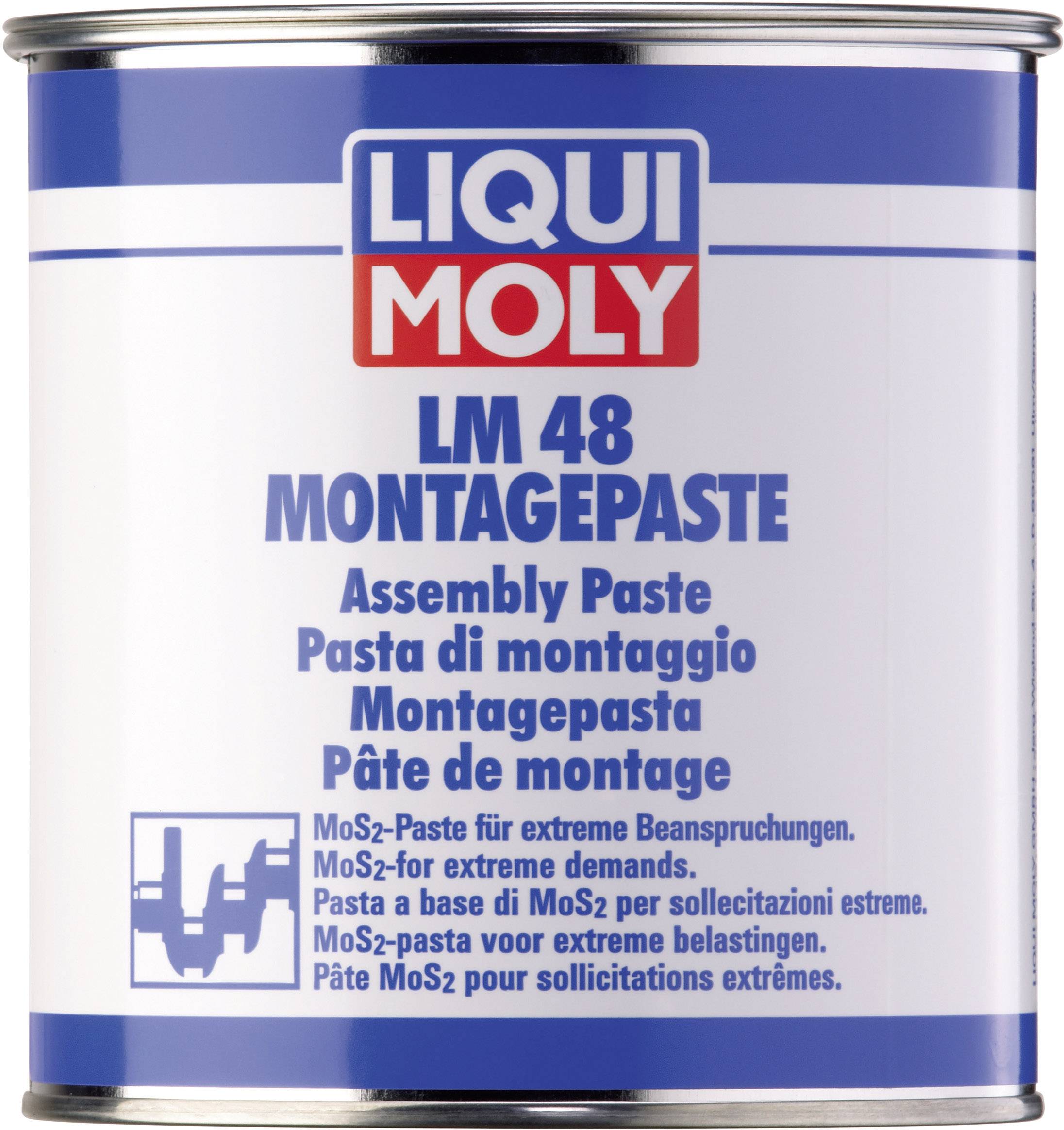En burk 'LIQUI MOLY LM 48 Monteringspasta'. Textbetoning på extremt hållbar monteringspasta för olika användningsområden på flera språk.