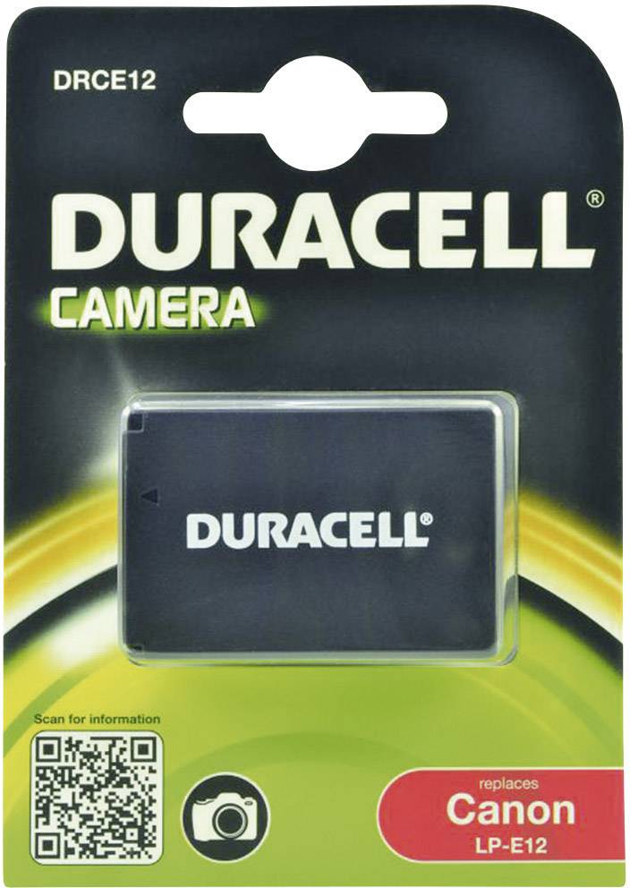 Duracell kamerabatteri för Canon LP-E12, modell DRCE12, visas i förpackning. Innehåller QR-kod och kameraikon på förpackningen.