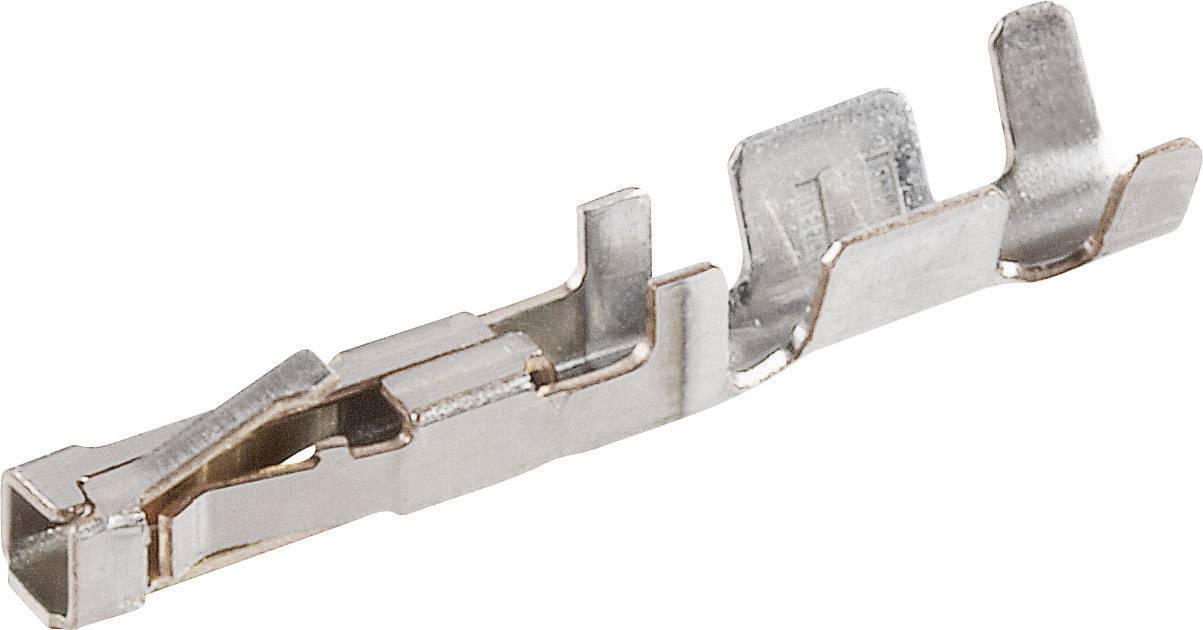 En silverfärgad, metallisk kontakt med flera böjda flikar som används för elektrisk anslutning av kablar.