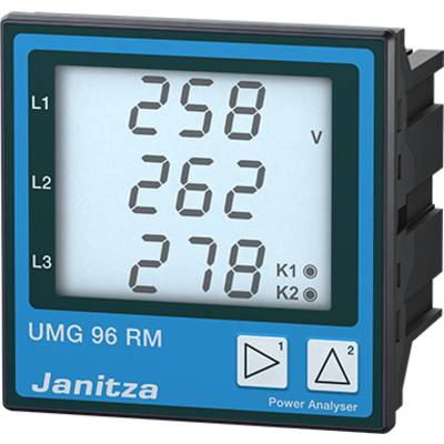 En digital mätare visar elektriska spänningar för L1, L2 och L3 med värdena: 258 V, 262 V, 278 V. Text: 'UMG 96 RM'.