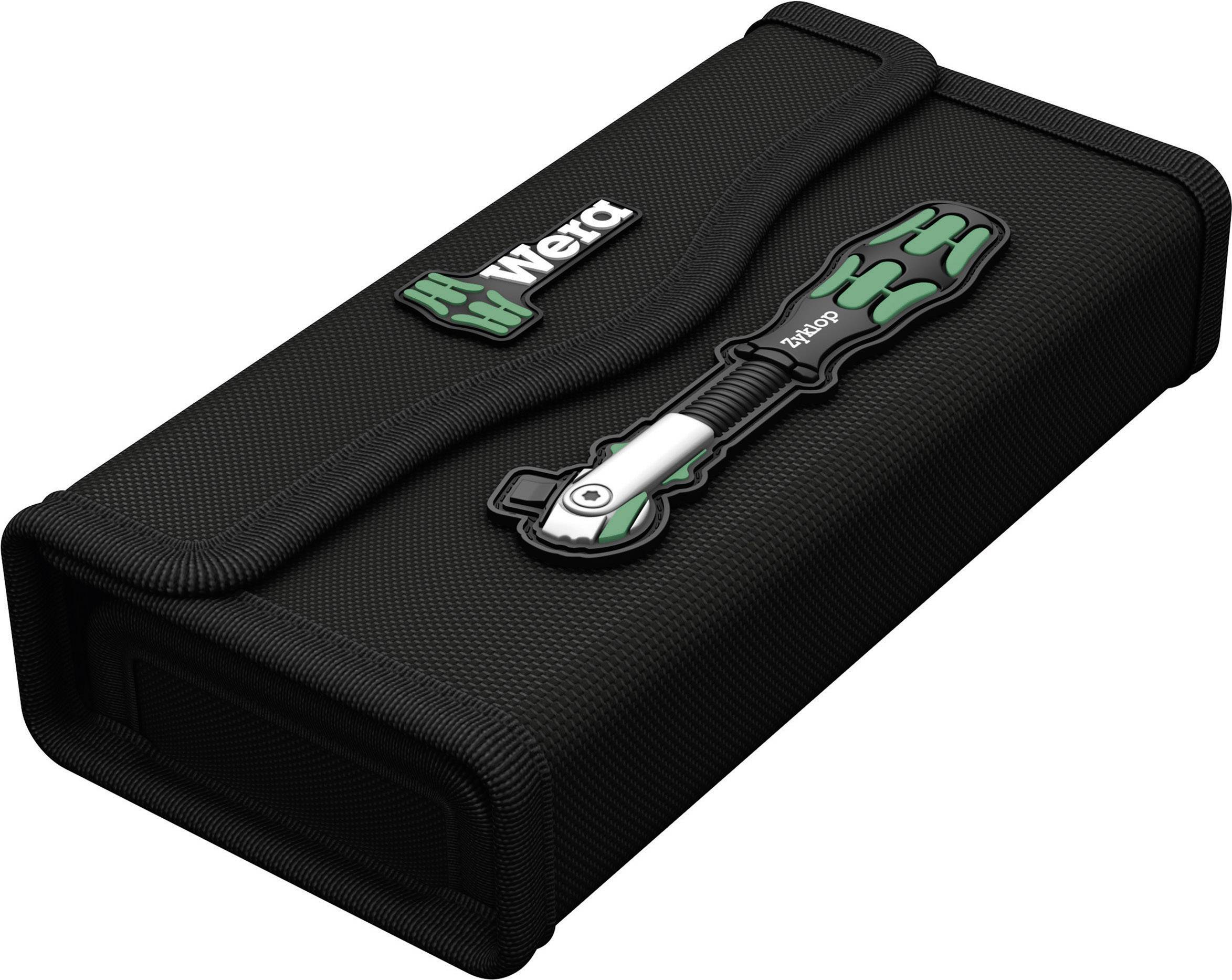 Rektangulärt, svart verktygsväska med 'Wera'-logotyp och skruvmejselillustration i grönt och svart på ovansidan.