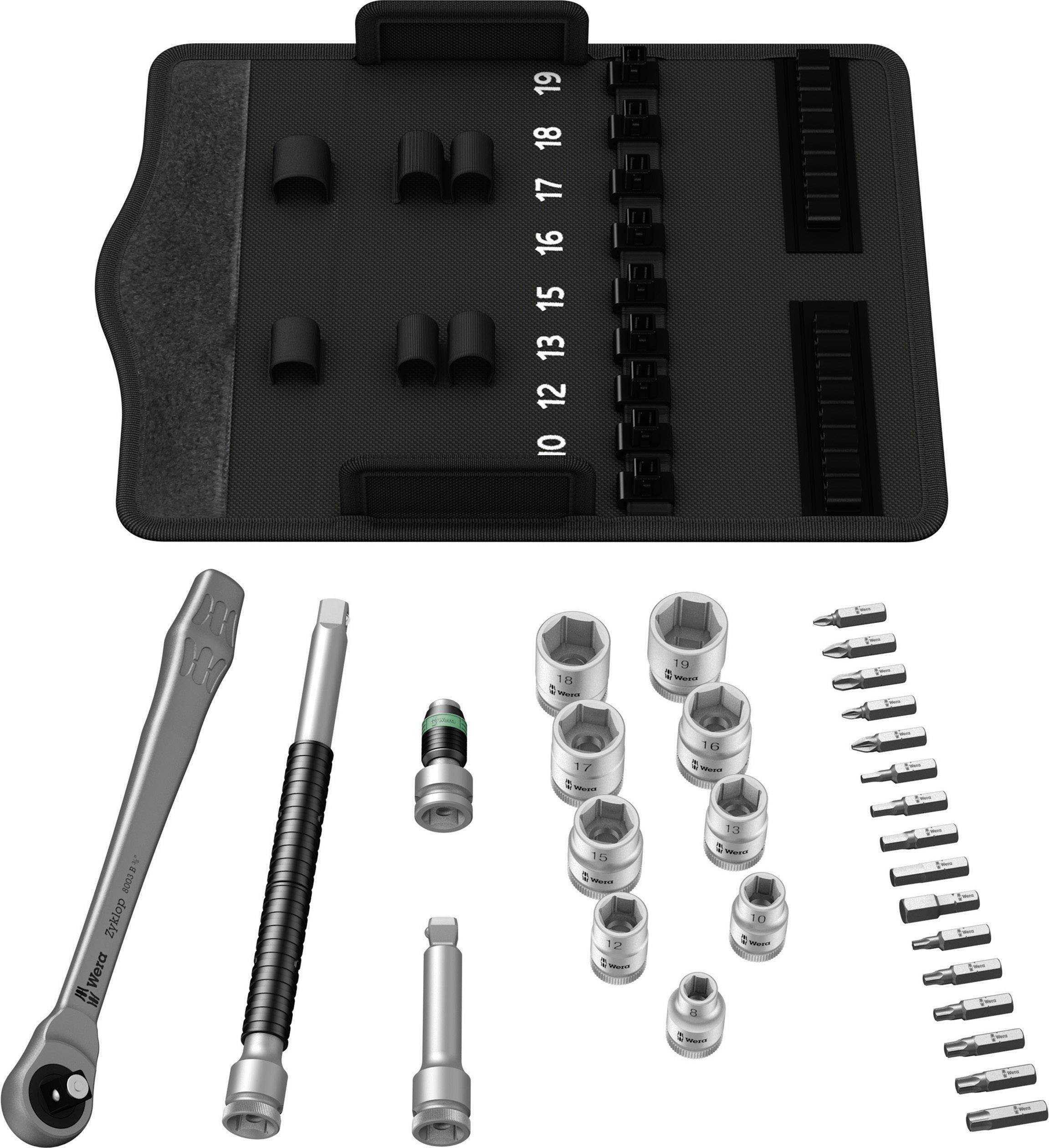 Ett svart etui med stiftmuttrar i storlek 10 till 19 och tillhörande verktyg som en skralle och bitshållare.