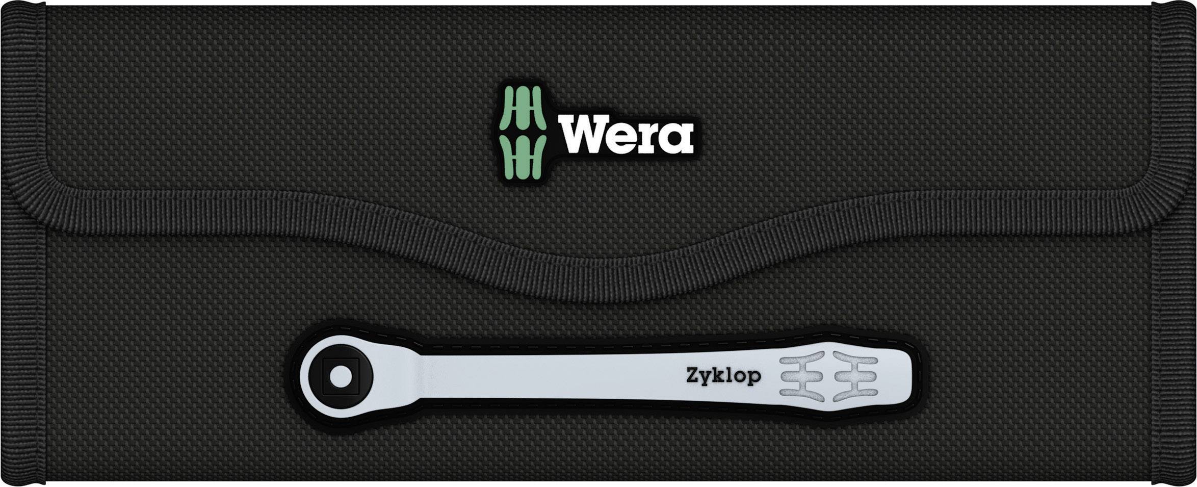 Ett svart etui med 'Wera' logotyp innehåller en Cyclop spärrskaft.