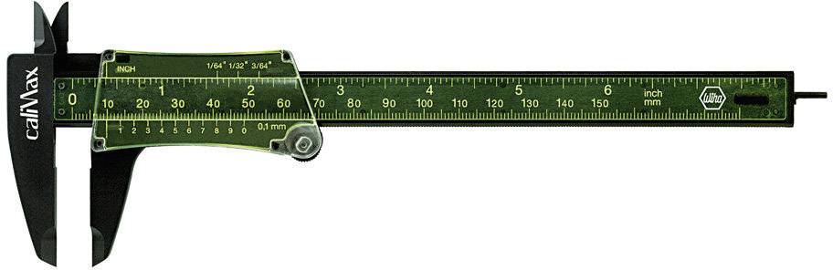 En grön skjutmått med skala i tum och millimeter för mätning av längder och diametrar. Varumärket 'calMax' på handtaget.