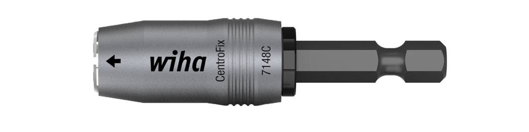 'Wiha CentroFix 7148C' bitshållare, silver, med svart sexkantinsats.