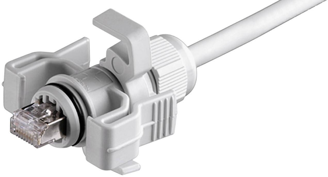 En grå Ethernet-kabel med en specialdesignad skyddskontakt som är lämplig för industriella tillämpningar.