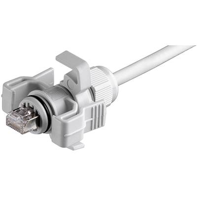 En grå Ethernet-kabel med en specialdesignad skyddskontakt som är lämplig för industriella tillämpningar.