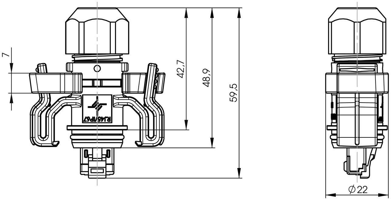 Teknisk ritning av en ventil med mått: Höjd 59,5 mm, bredd 42,7 mm. Visar sido- och frontvy med detaljerade linjeföringar.