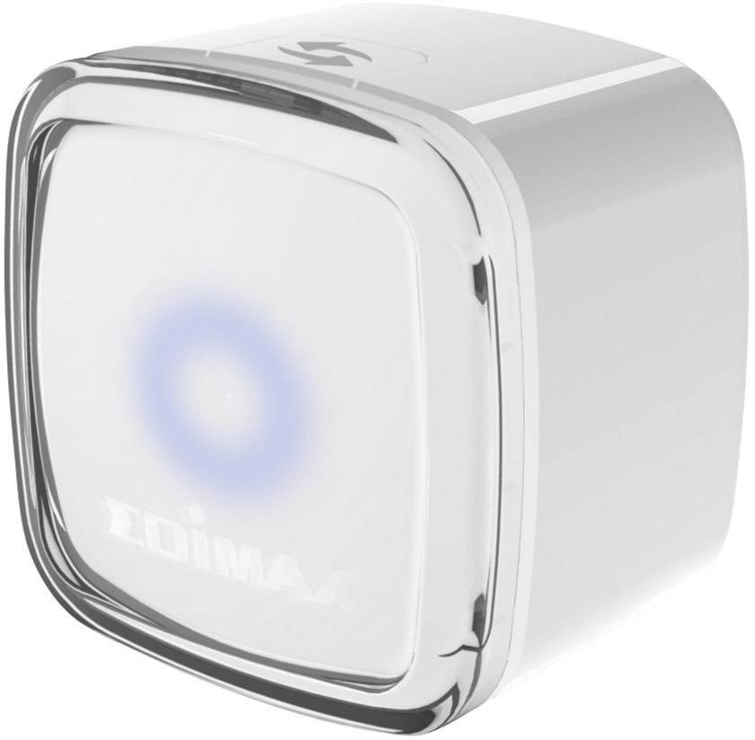 En vit, fyrkantig WLAN-repeater med en rund, blå lysande LED-indikator på framsidan.