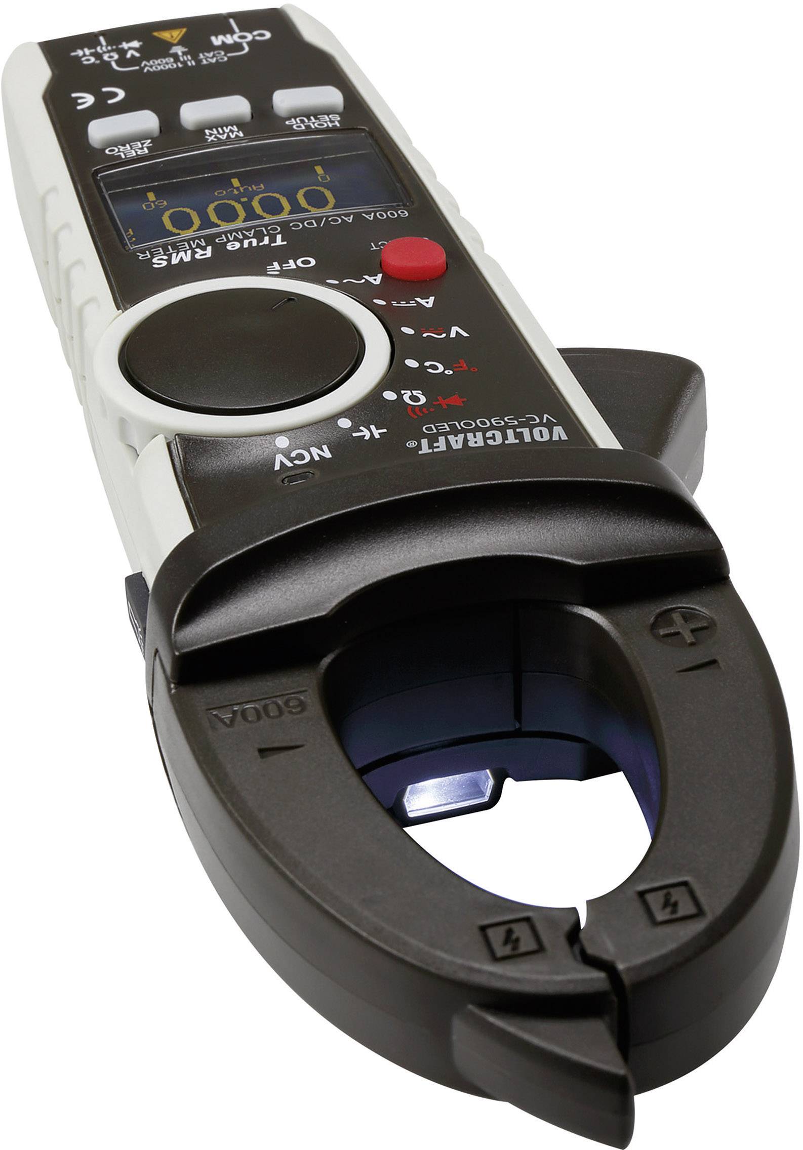 'En digital strömtångsmätare med display som visar 00.00 och olika inställningsalternativ för ström- och spänningsmätningar.'