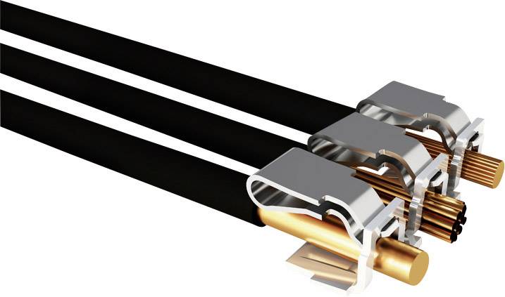 Tre svarta kablar med koppar- och metalländar, lämpliga för elektriska anslutningar.