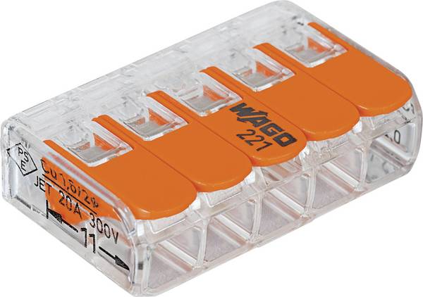 WAGO 221-615 221 Kopplingsklämma Flexibel: 0.5-6 mm² Styvhet: 0.5-6 mm² Antal poler: 5 6 st Transparent, Orange