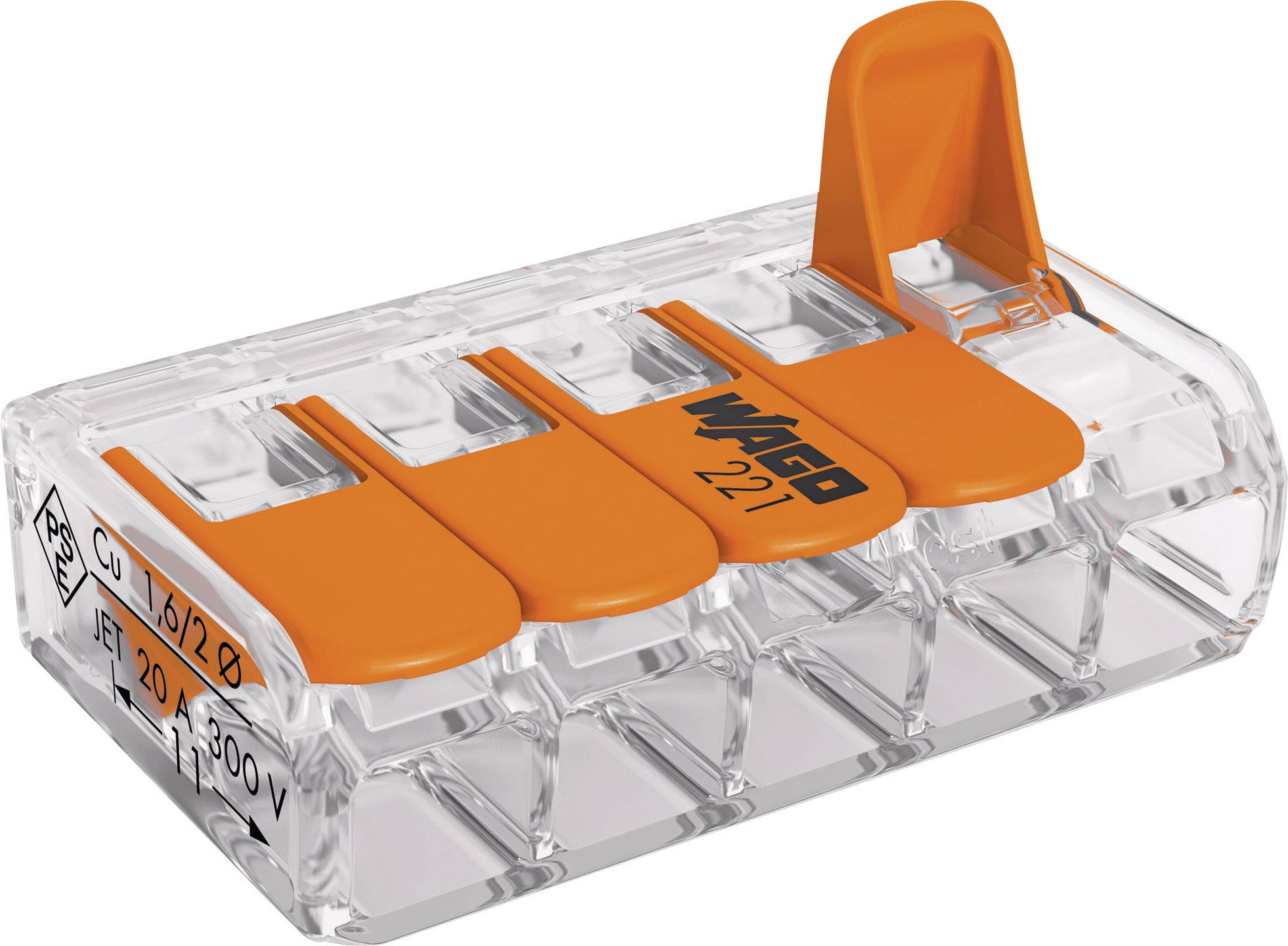 Fempolig Wago-klämmа med orange spakar för säkra elektriska anslutningar. Lämplig för 0,5-2,5 mm², max. 400 V.