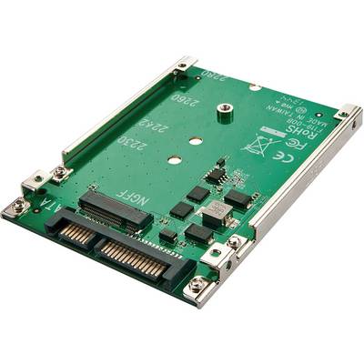 Ett grönt elektroniskt kretskort med metallkanter och en SATA-anslutning. Används för lagringsanslutningar i datorer.