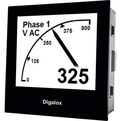 Digitalt mätinstrument visar: 'Fas 1 V AC' med en visare vid 325 på en skala från 0 till 500.